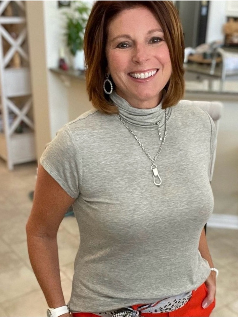 CAbi Light Gray Slinky Top Short Sleeve Cowl Women's Top - M